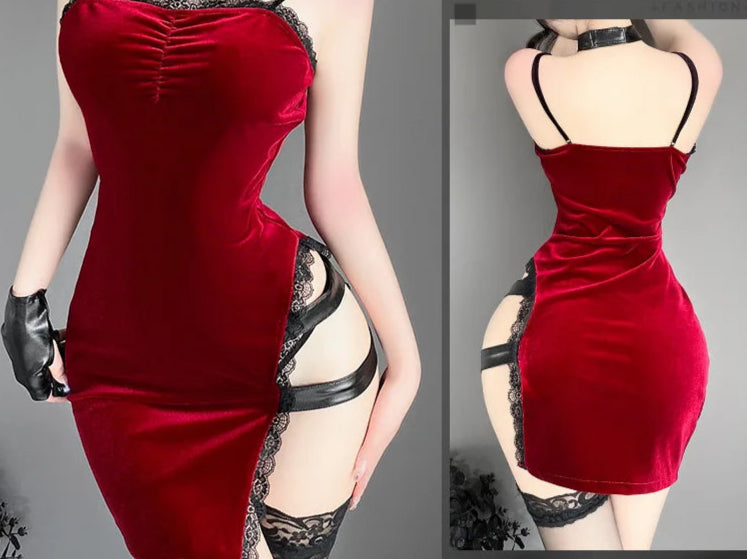 Sexy Red Velvet Lingerie Vampy Dress