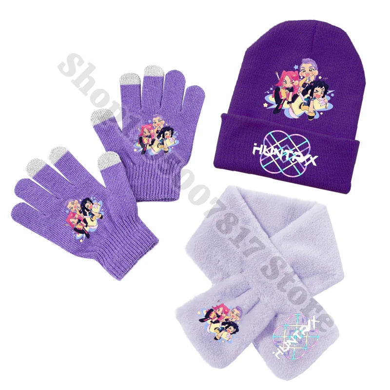 KPop Demon Hunters Kids Winter Knitted Hat Scarf Gloves Set Saja Boys K-pop Merch Huntrix Gifts