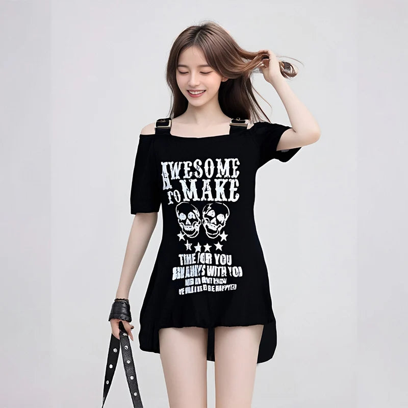 Gothic Black Skull Buckle Strap Mini Dress TShirt Long Top
