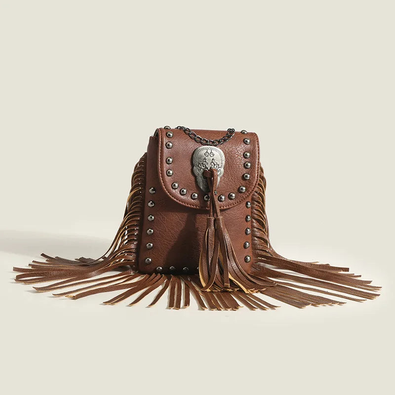 Boho Hippie Punk Skull Tassel Riveted Leather Shoulder Bag Handbag