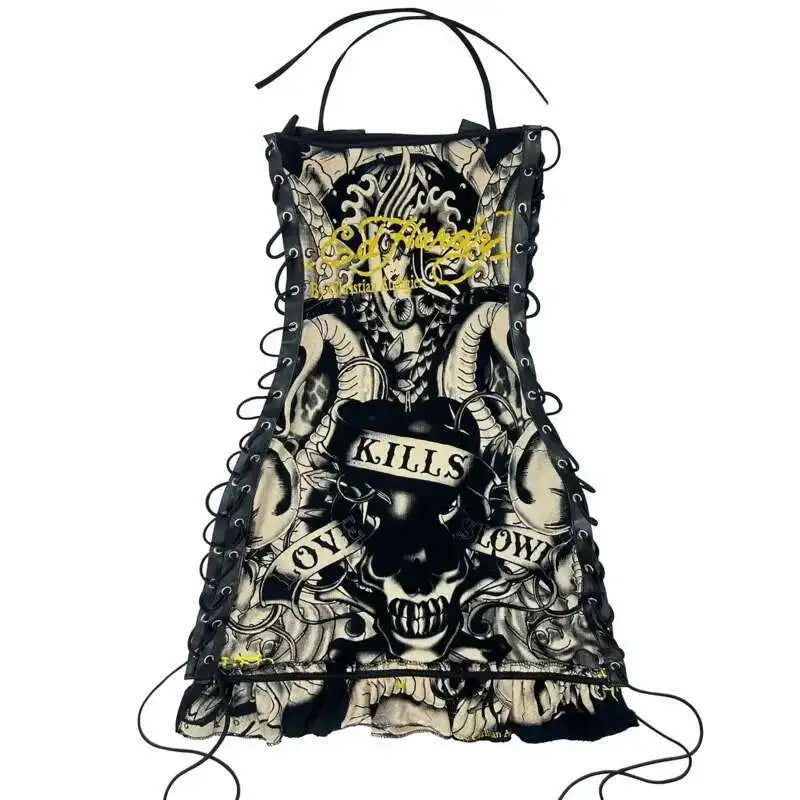 Alternative Punk Skull Printed Gothic Mini Lace Up Halter Y2k Bodycon Dress