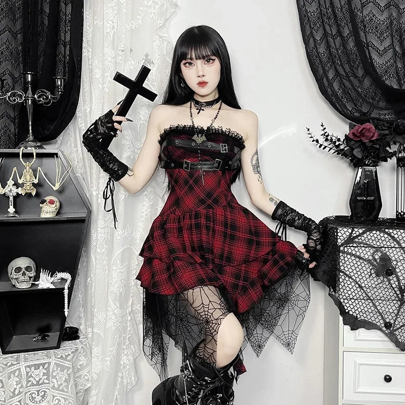 Punk Alternative Red Black Tartan Plaid Belt Buckle Lace Dress