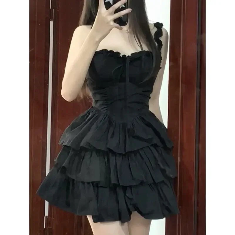 Gothic Black Cute Ruffles Short Party Dress