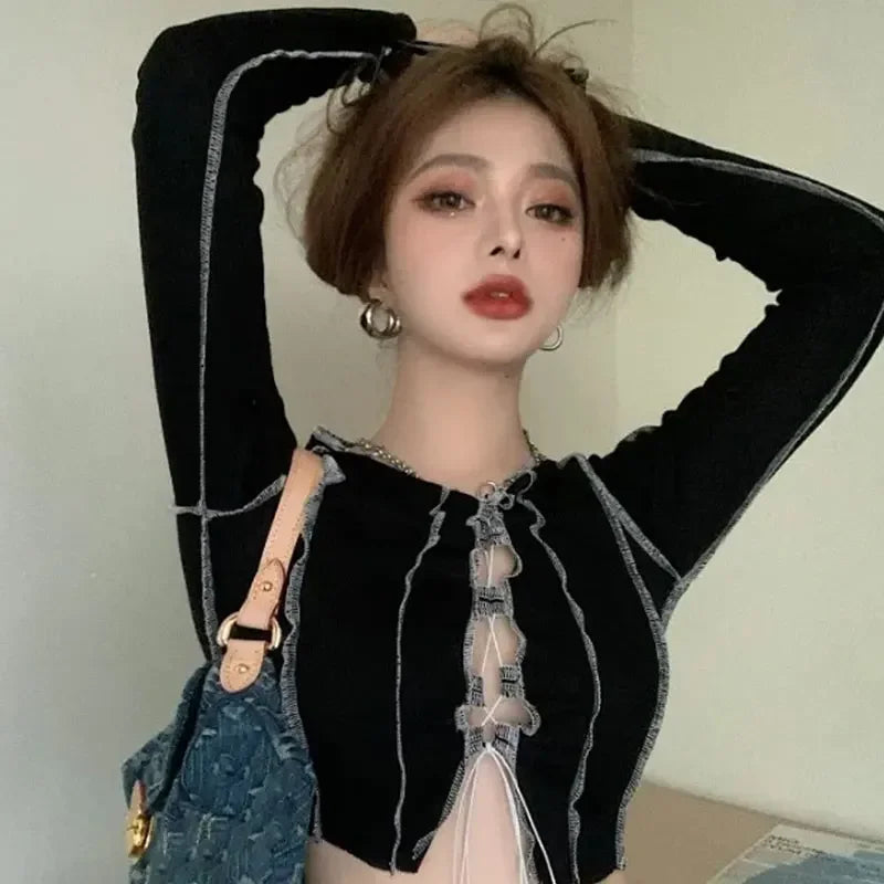 Sexy Drawstring Black Lace up Y2K Punk Crop Top