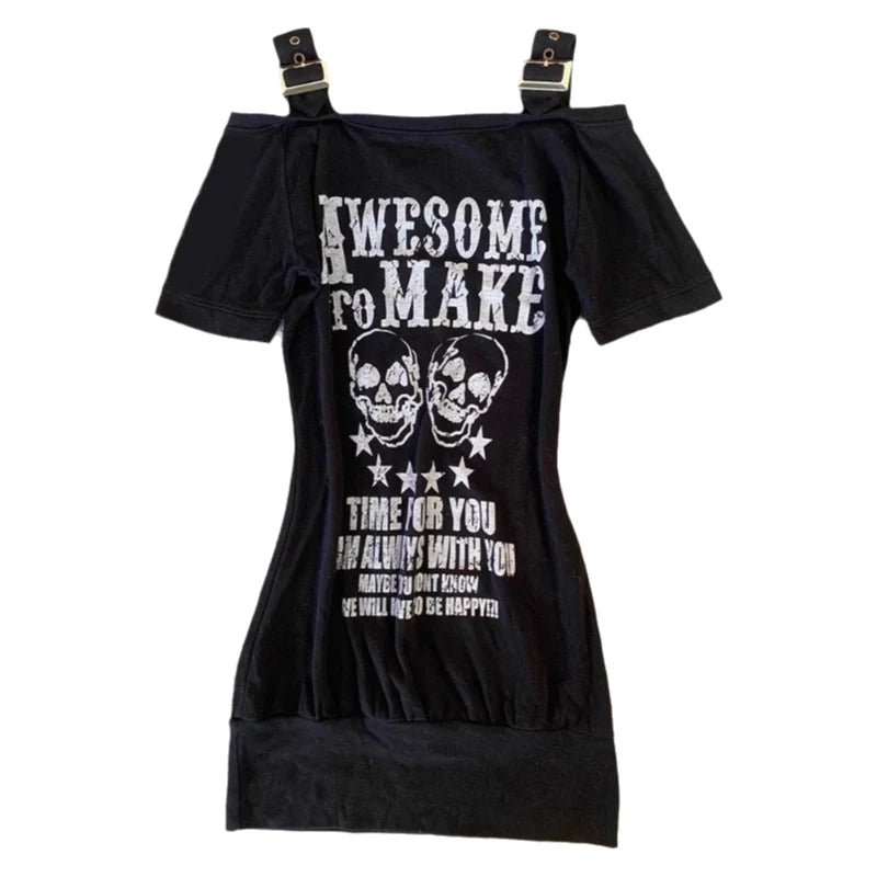 Gothic Black Skull Buckle Strap Mini Dress TShirt Long Top