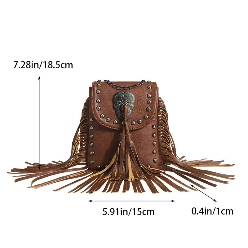 Boho Hippie Punk Skull Tassel Riveted Leather Shoulder Bag Handbag