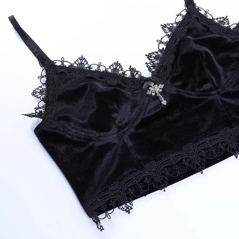 Gothic Black Velvet Lace Emo Crop Tops Bralet Bra Vest Top