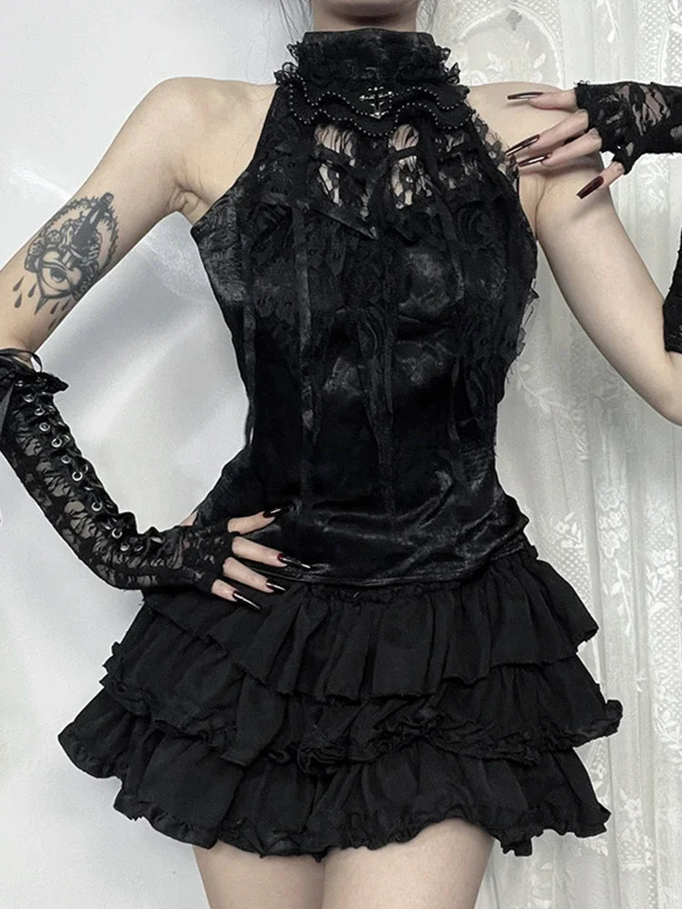 Victorian Gothic Black Lace Ribbon Vest Halter Top