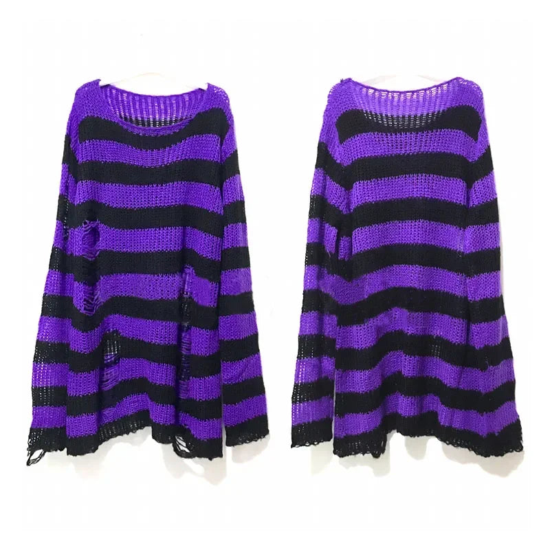 Pink White Punk Gothic Long Unisex Sweater Striped Jumper