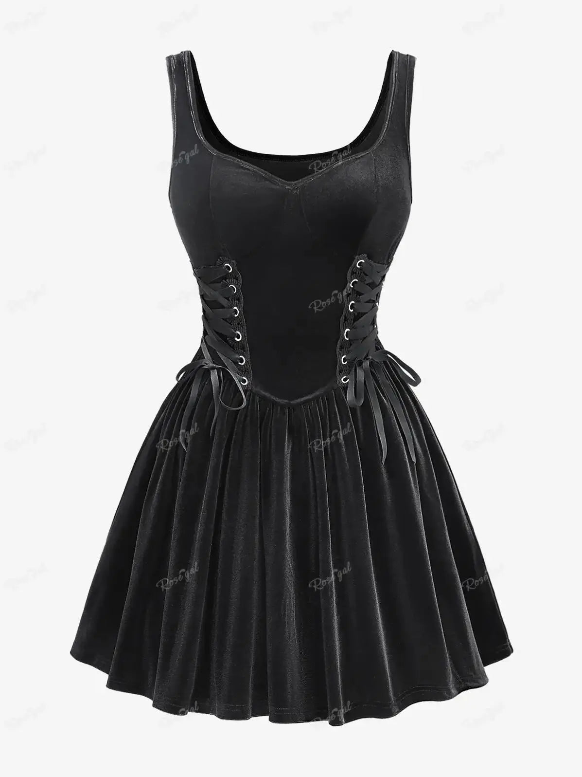 Black Velvet Gothic Lace up Sides Swing Skater Dress
