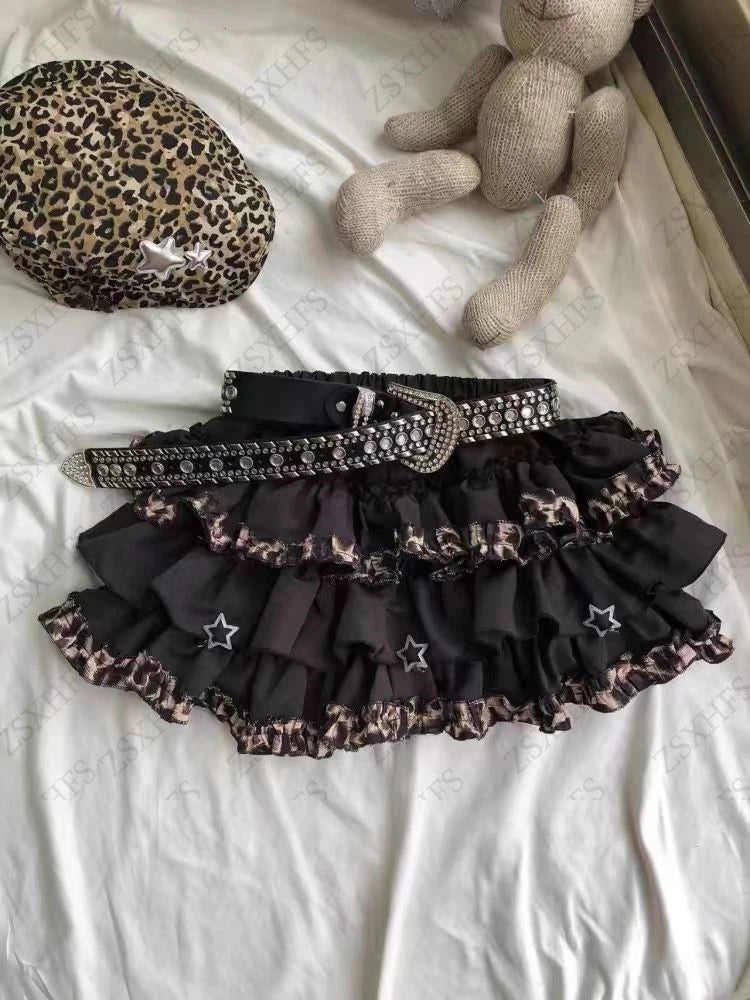 Gothic Sexy Leopard Print Ruffle Layered Mini Skirt