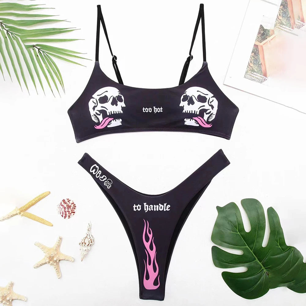 Sexy Punk Bikini Swimsuit Black 2 Piece Swimwear with Gothic Skull Print