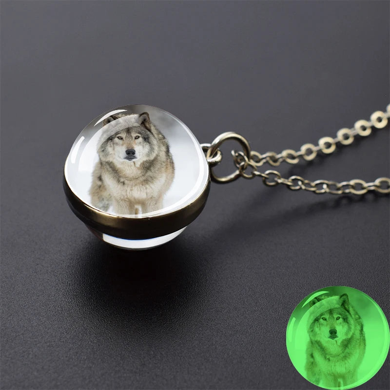 Glow in the Dark Wolf Necklaces Howling Wolf Head and Moon 2CM Glass Ball Pendant Double Sided