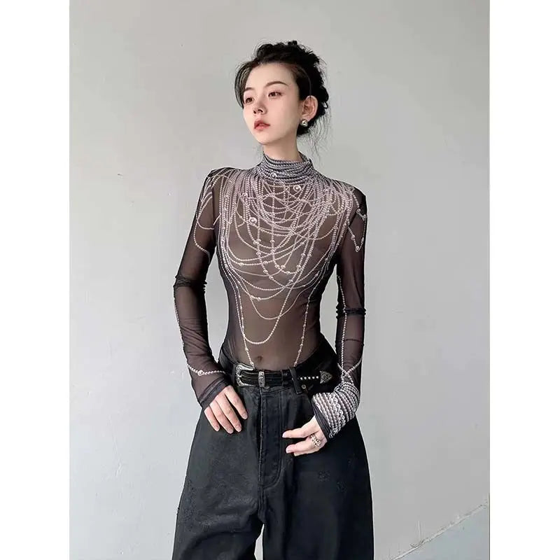 Sexy Gothic Grunge Long Sleeve Mesh Sheer Y2k Top