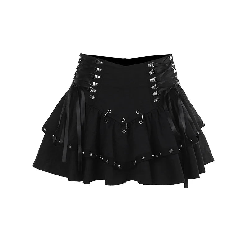 Gothic Punk Black Lace up Layered Rara Mini Skirt