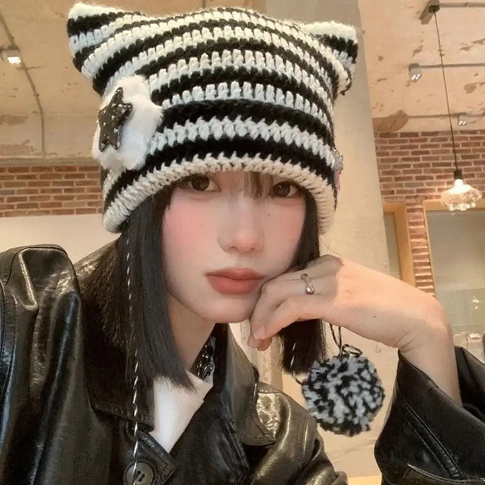 Cat Ears Pointed Striped Devil Star Knit Emo Pom Pom Beanie Hat