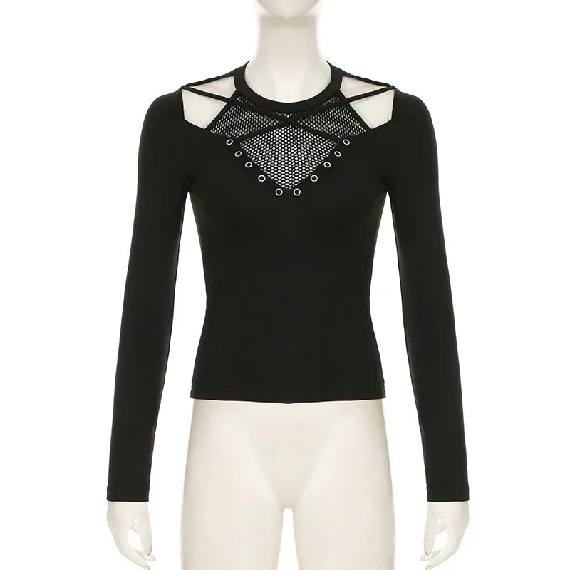 Emo Goth Dark Techwear Black Top Fishnet Gothic Clothing Long Sleeved Top TShirt