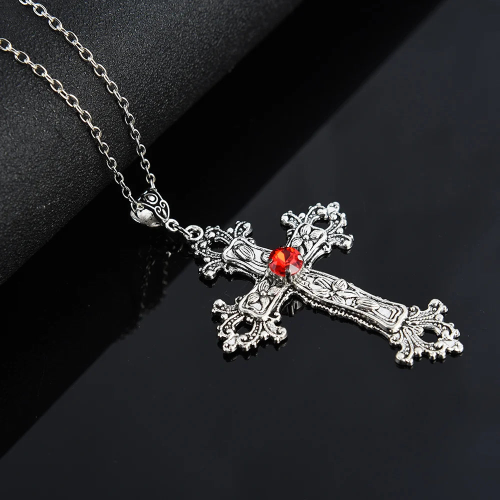 Gothic Victorian Punk Crystal Cross Pendant Necklace Gothic Chain