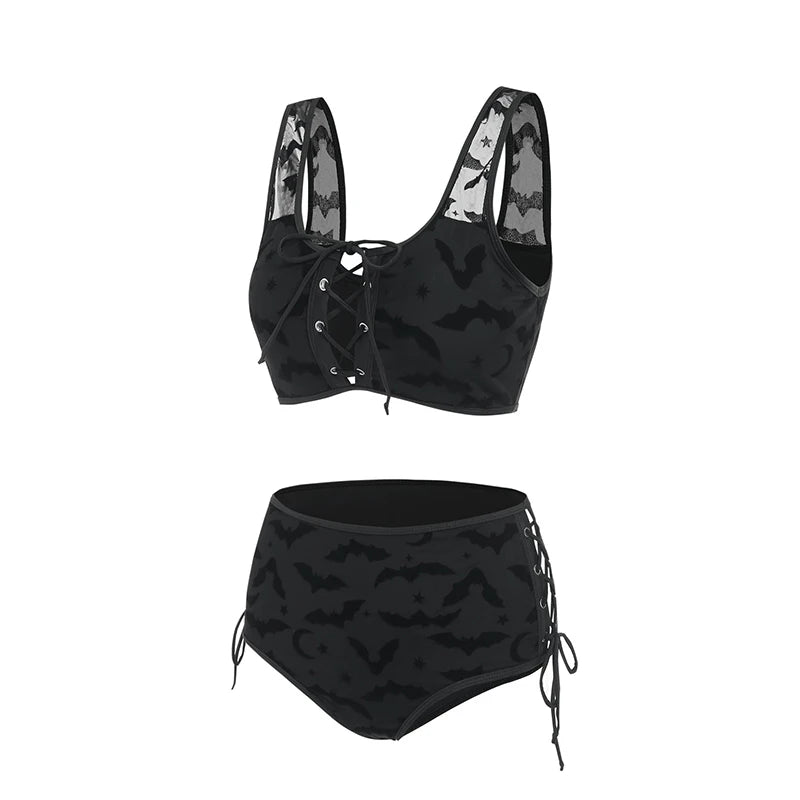 Gothic Black Mesh Bat Print Vintage Style Padded Bikini Swimwear Beachwear
