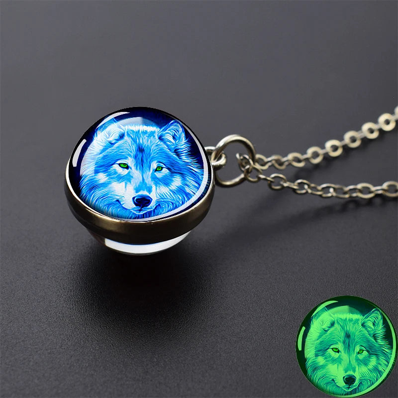 Glow in the Dark Wolf Necklaces Howling Wolf Head and Moon 2CM Glass Ball Pendant Double Sided