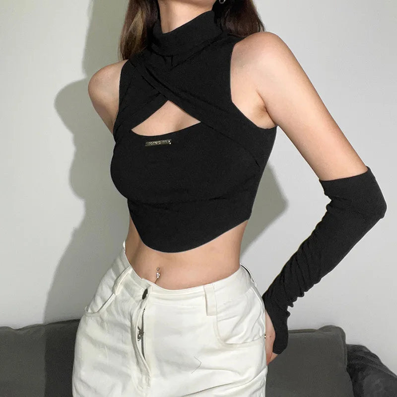 Black Gothic Turtleneck Y2K Crop Top Arm Warmers