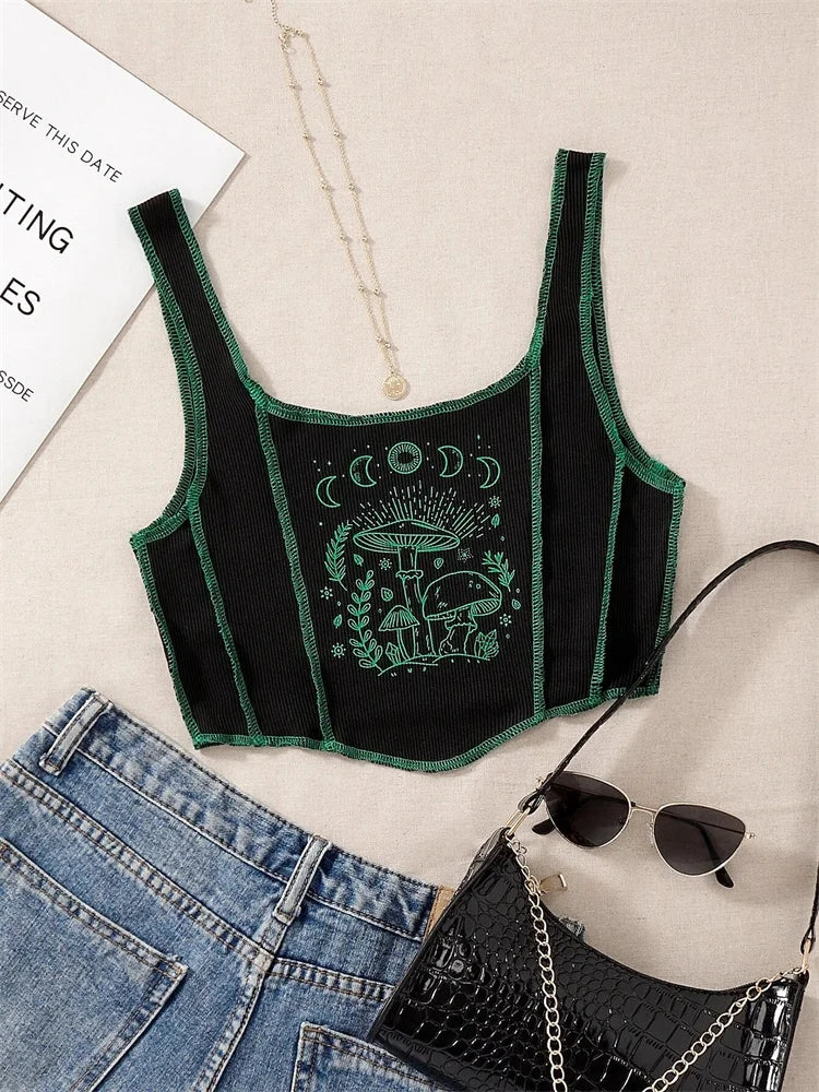 Grunge Pagan Moon Phases Mushroom Print Y2K Crop Tank Top