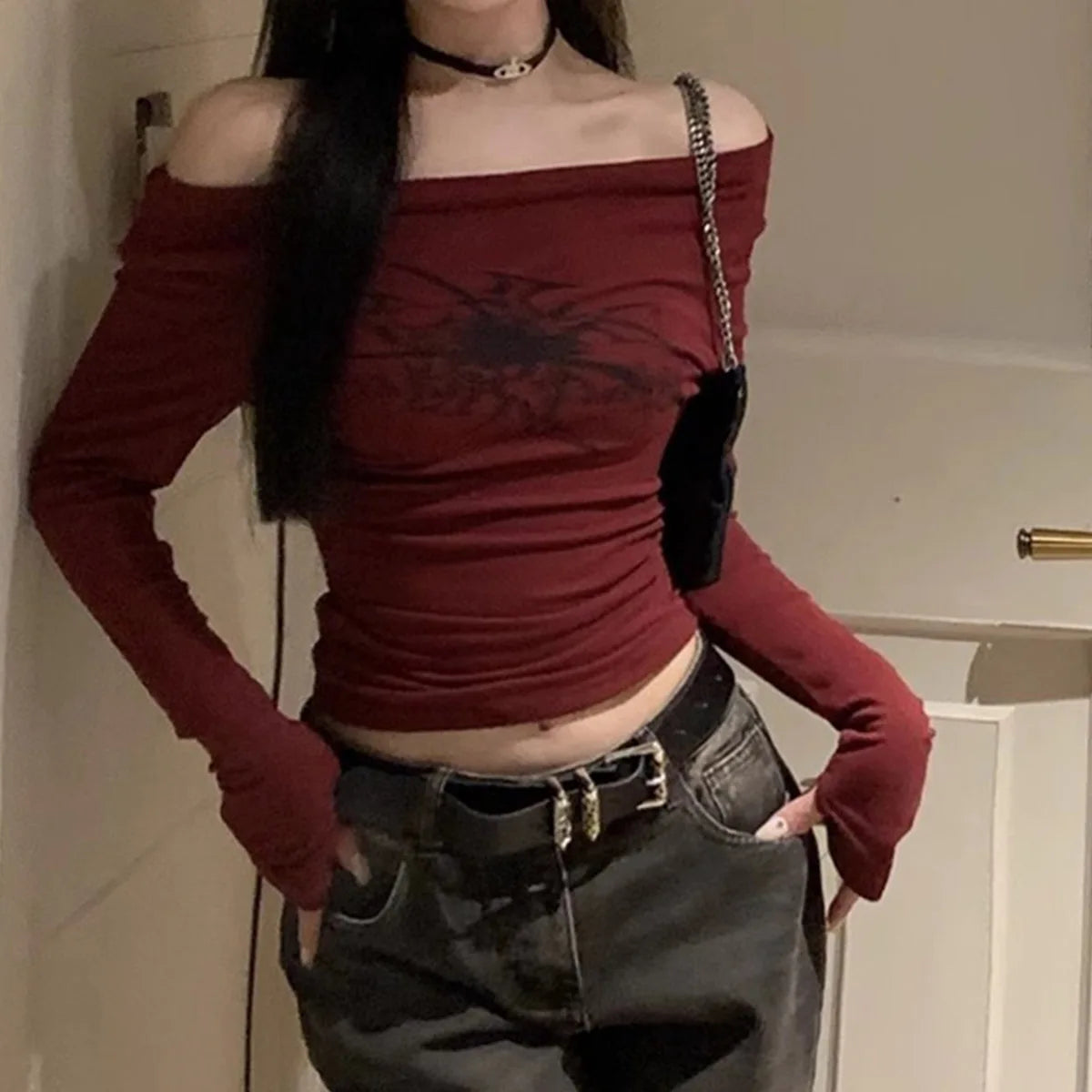 Grunge Burgundy Red Gothic Print Y2K Off Shoulder Top