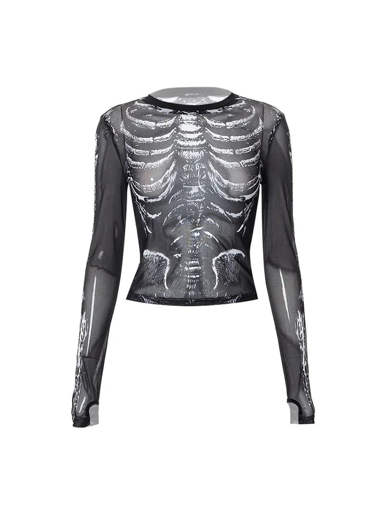 Gothic Punk Skeleton Print Sheer Long Sleeve Top