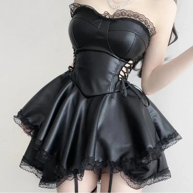 Gothic Punk Style Black Party Mini Dress Sexy Bondage PU Leather