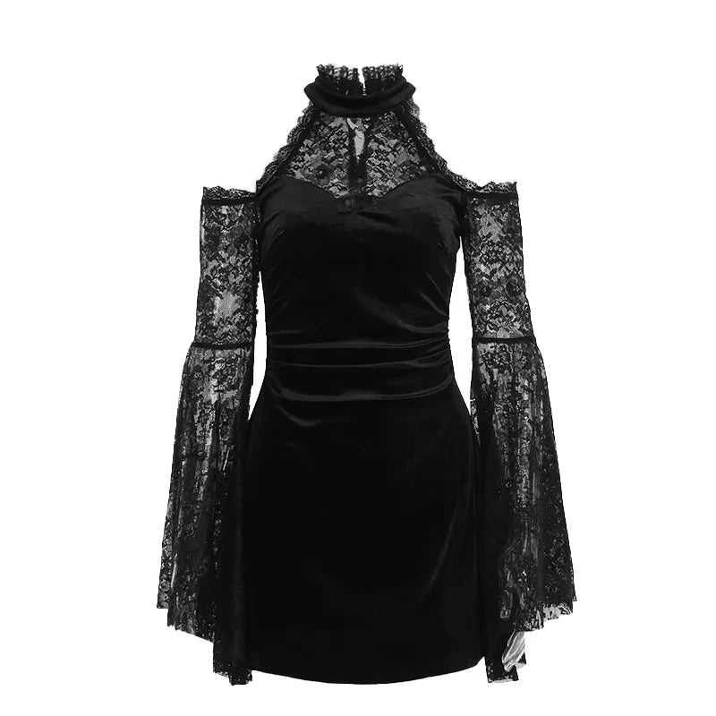 Sexy Black Gothic Velvet Lace Mini Dress