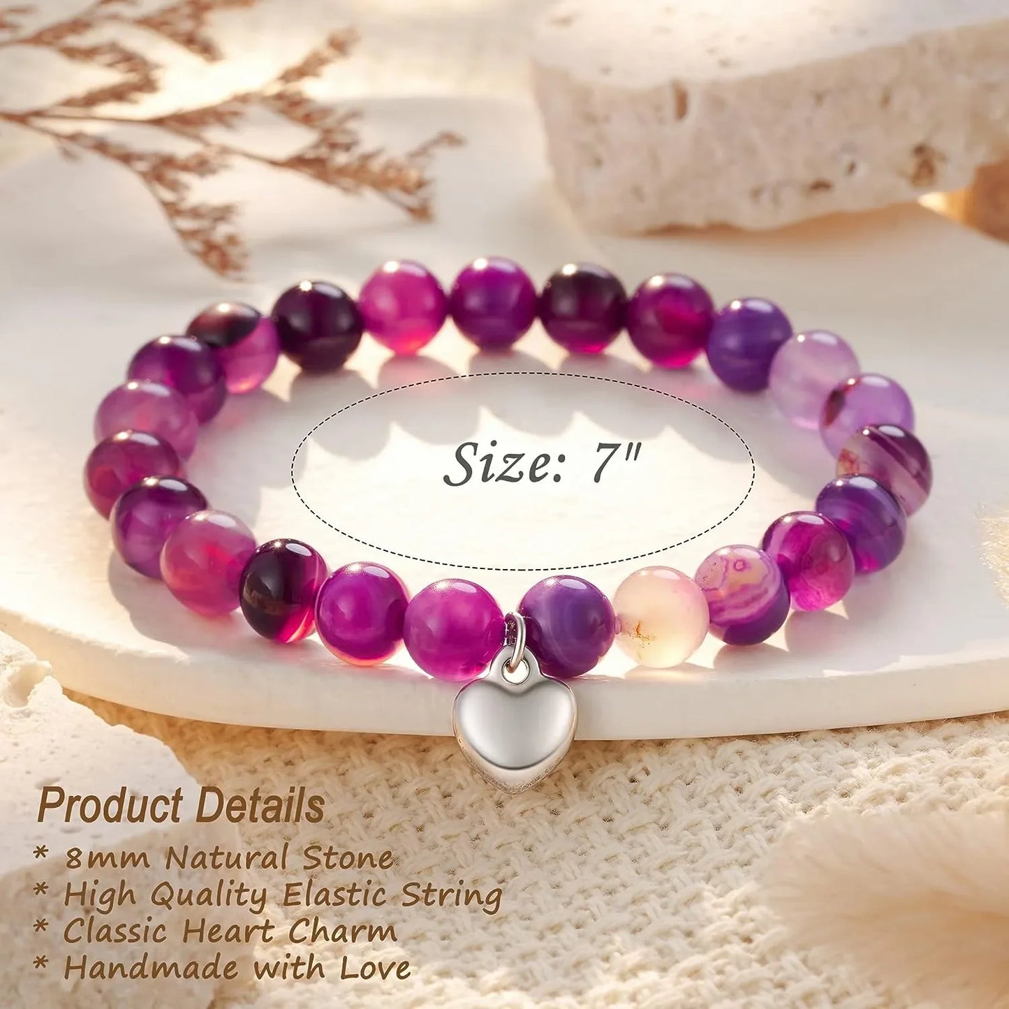 2pcs/set Amethyst Necklace Pendant and Purple Stripe Agate Bracelet with Card Gift Stress Relief & Anxiety