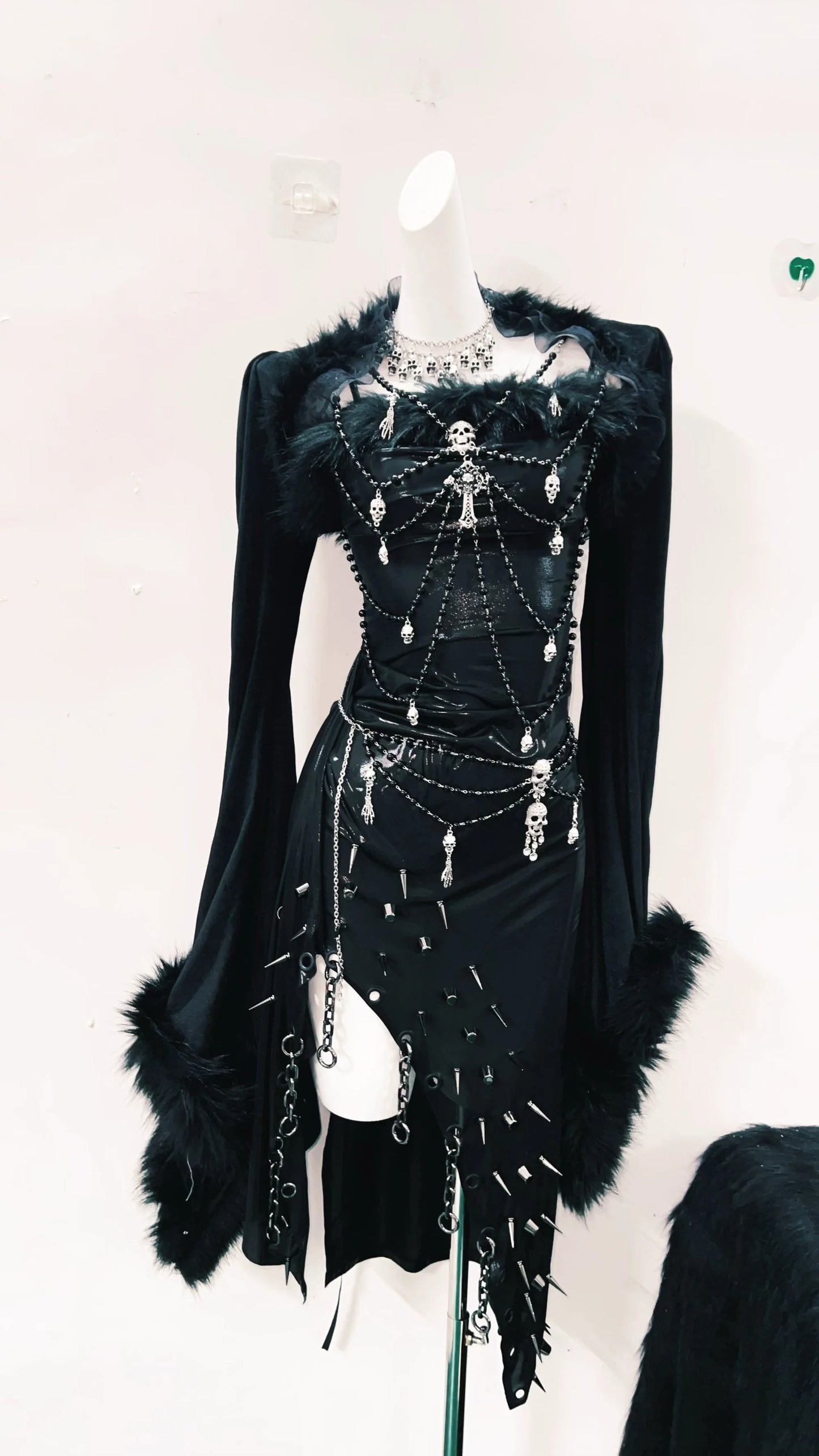 Unique Gothic Alternative Black Skull Studded Spike Asymmetrical Dress