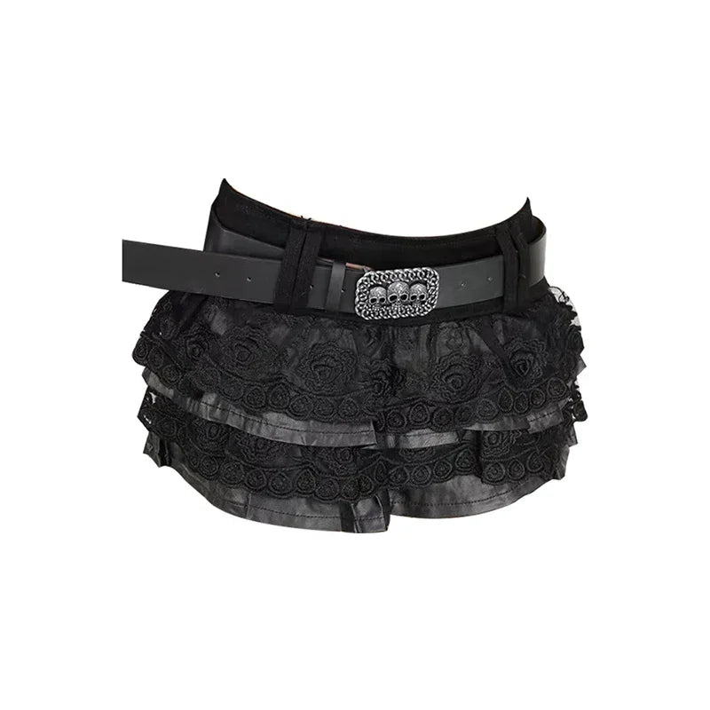 Sexy Gothic Punk Pu Leather Lace Mini Skirt with Belt