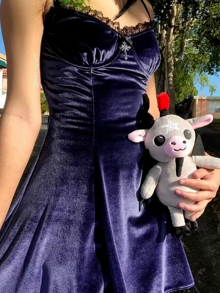 Velvet Gothic Sexy Purple Lace Mini Dress