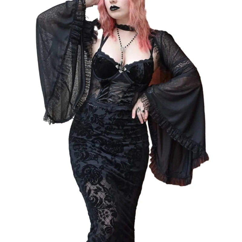 Gothic Lace Long Sleeve Victorian Crop Top Vintage Shrug Bolero