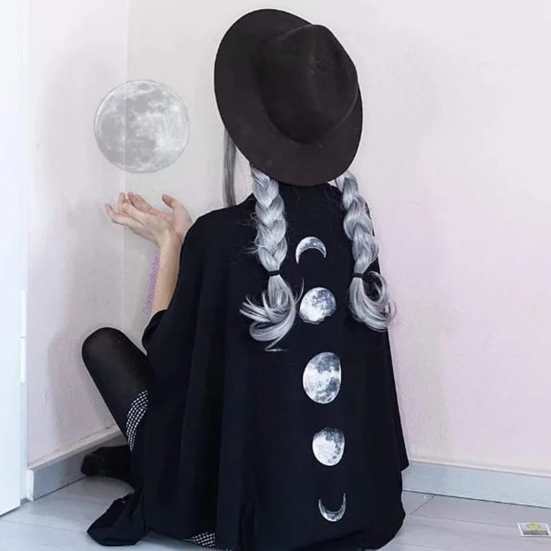Pagan Gothic Black Retro Moon Print Tassel Cloak Poncho