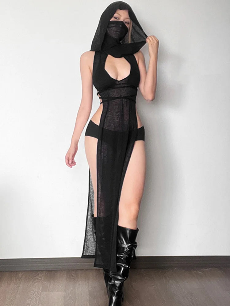 Sexy Mesh Sheer Knitted Hooded Black Cyberpunk Dress