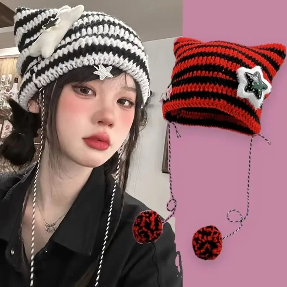 Cat Ears Pointed Striped Devil Star Knit Emo Pom Pom Beanie Hat