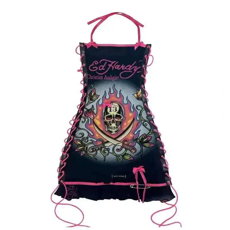 Alternative Punk Skull Printed Gothic Mini Lace Up Halter Y2k Bodycon Dress