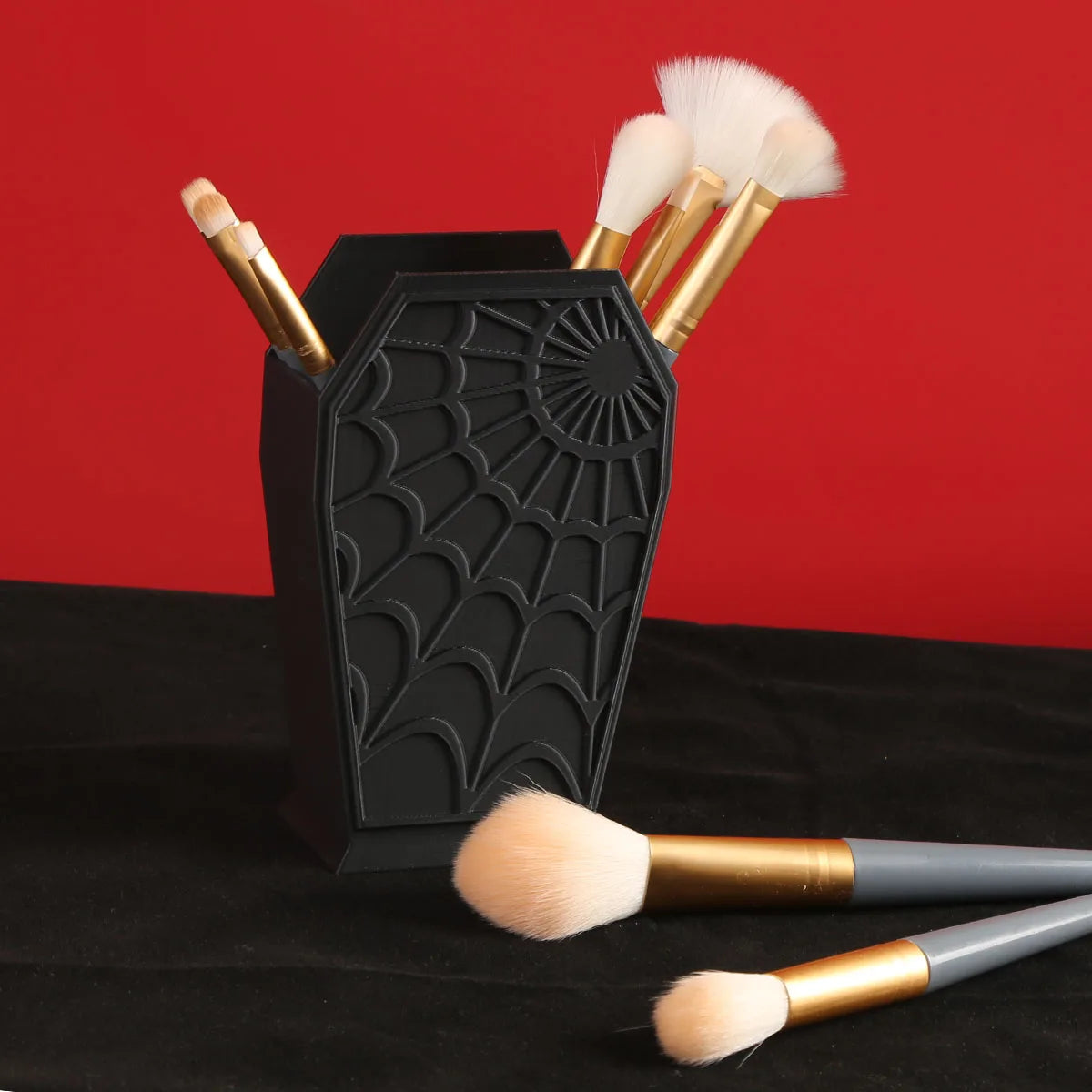Gothic Coffin-Shaped Spider Web Cosmetics Makeup Brush Holder