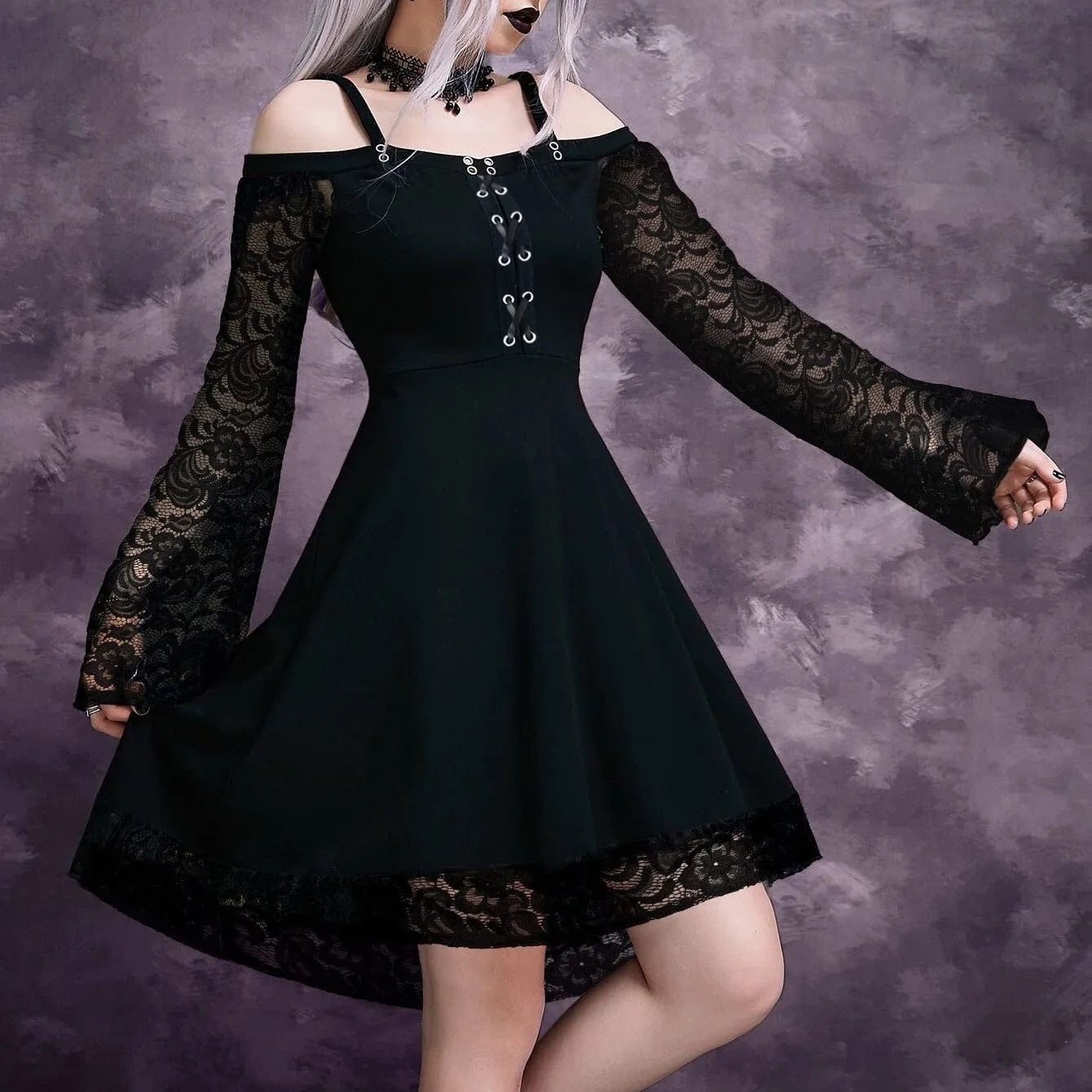 Gothic Lace Sleeve Flared Skater Dress