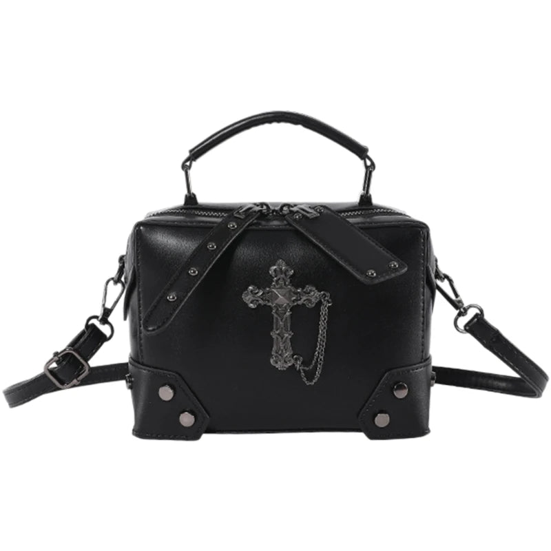 Top Handle PU Leather Crossbody Bag Punk Skull Crosses Small Shoulder Handbag