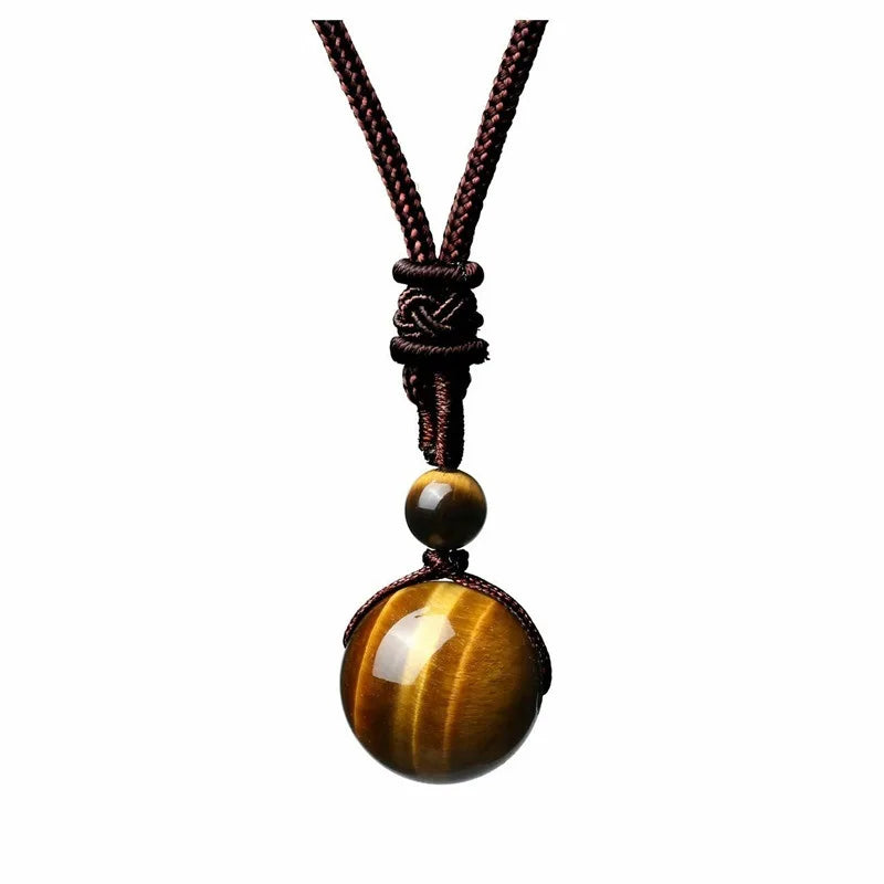 16 Mm Black Obsidian Tiger Eyes Amethyst Stone Necklaces with Adjustable Braided Rope Cords Natural Crystal Pendant