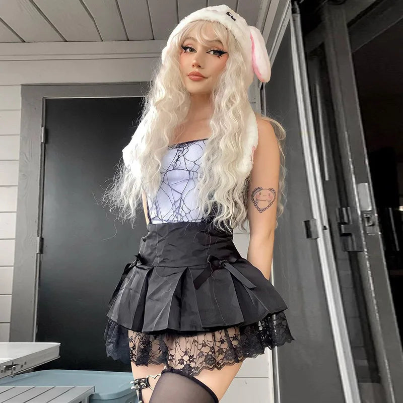 Gothic Cami Y2K Grunge Crop Top Mesh Spider Net Lace Vest