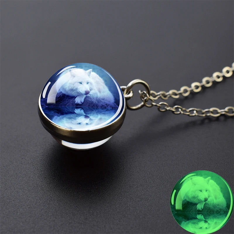 Glow in the Dark Wolf Necklaces Howling Wolf Head and Moon 2CM Glass Ball Pendant Double Sided
