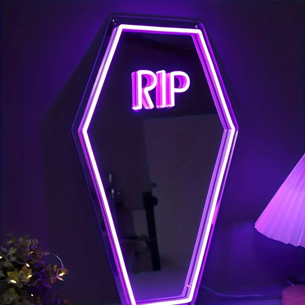 RIP Coffin Shaped Neon Sign Mirror - Gothic Home Decor