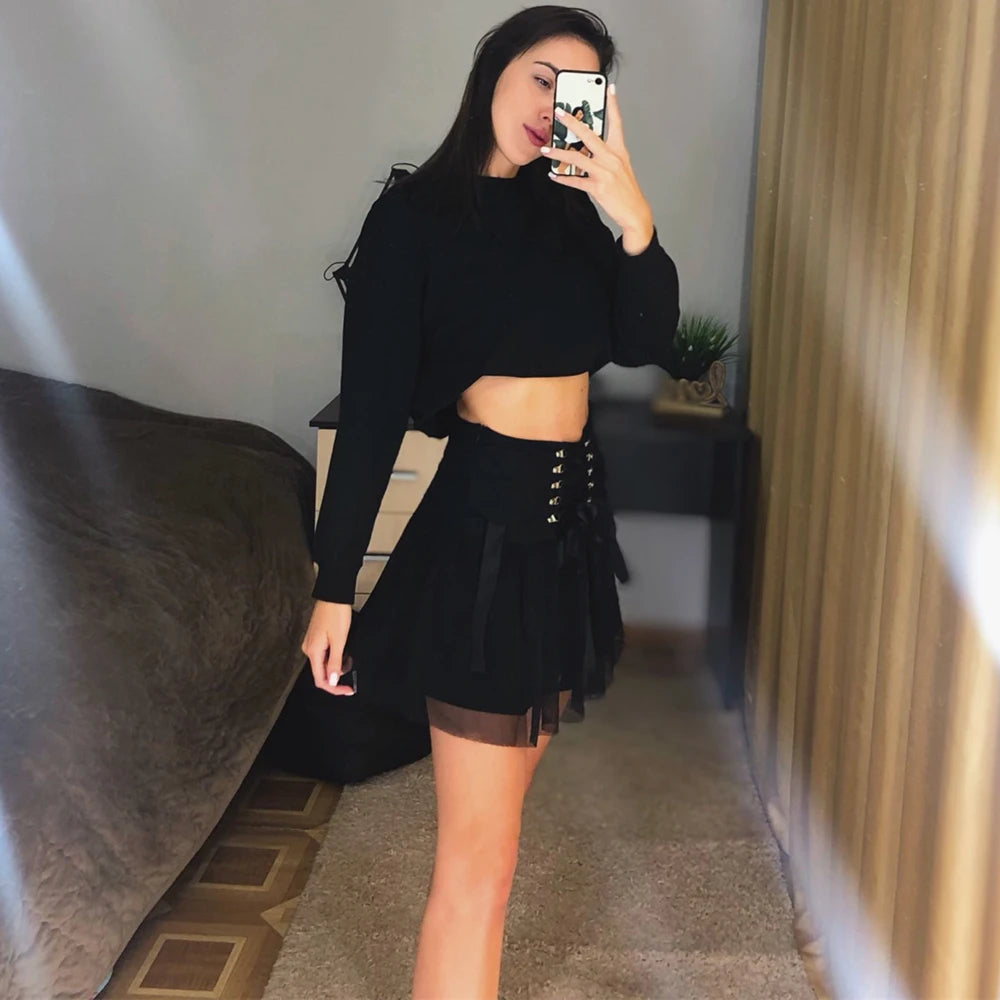 Gothic Black Lace up Chiffon Skirt