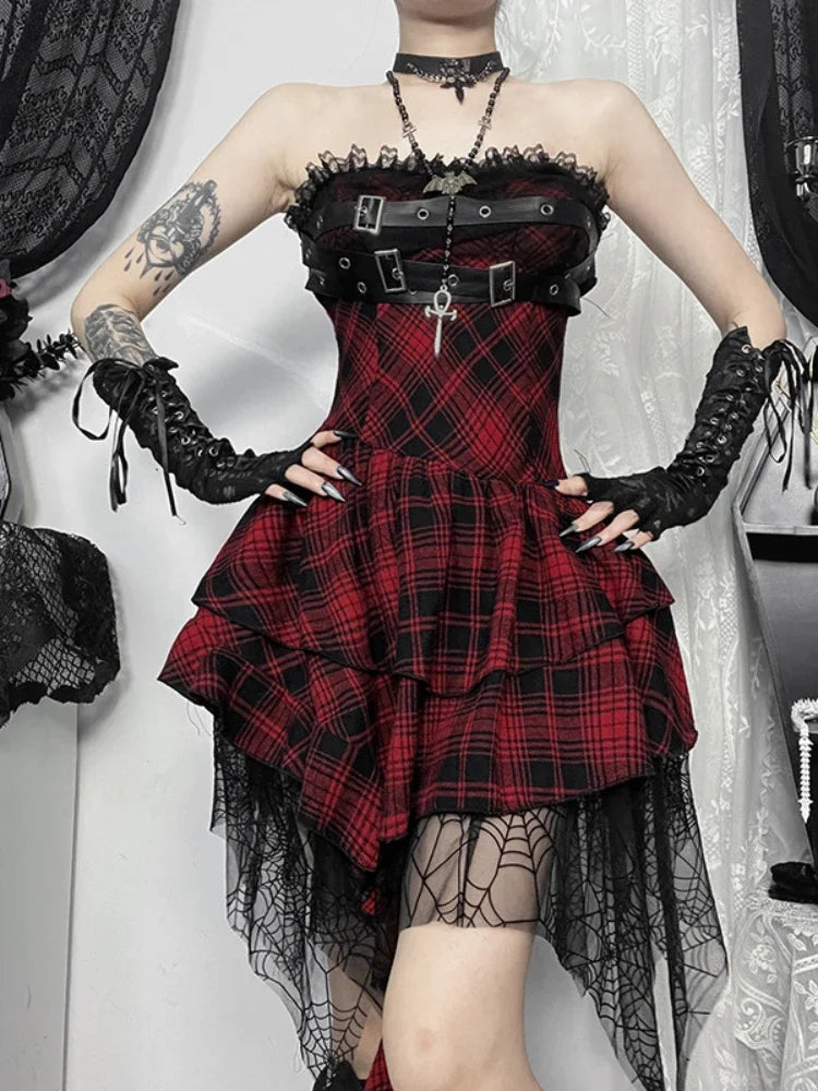 Punk Alternative Red Black Tartan Plaid Belt Buckle Lace Dress