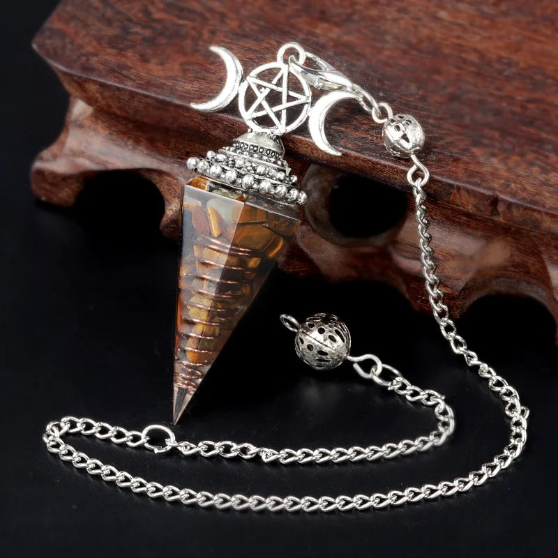 Natural Stone Crystal Reiki Pendulum Three Phases Moon Hexagonal Cone Amethysts Charms