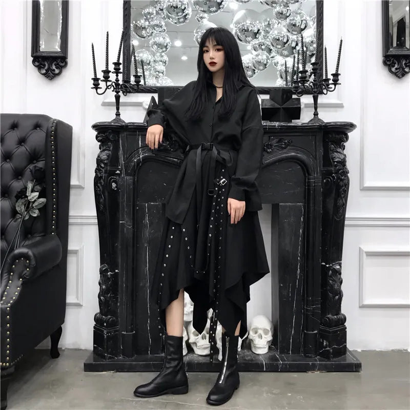 Long Black Irregular Hem Gothic Punk Rivet Buckle Midi Skirt